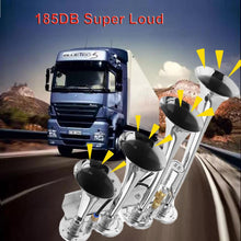 Load image into Gallery viewer, 12V / 24V 185dB Super Loud Four Trumpet Car Air Horn  for Car Vehicle Truck Train Boat Motorcycle  Automobiles