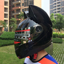 Load image into Gallery viewer, Motorcycle helmet with cat ears automobile race antifog full face helmet personality design with horn capacete casco