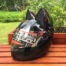 Load image into Gallery viewer, Motorcycle helmet with cat ears automobile race antifog full face helmet personality design with horn capacete casco