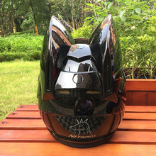 Load image into Gallery viewer, Motorcycle helmet with cat ears automobile race antifog full face helmet personality design with horn capacete casco