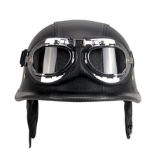 Load image into Gallery viewer, New Leather Motorcycle Helmet German Motorcycle Open Face Half Helmet Chopper Biker Pilot DOT BLACK/