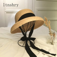 Load image into Gallery viewer, New fashion women' Summer sun hat Handmade Raffia cap Visor Ribbon hat Wide side Travel vacation Beach hat Elegant lady seaside