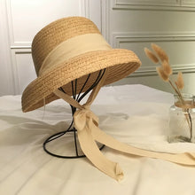 Load image into Gallery viewer, New fashion women' Summer sun hat Handmade Raffia cap Visor Ribbon hat Wide side Travel vacation Beach hat Elegant lady seaside